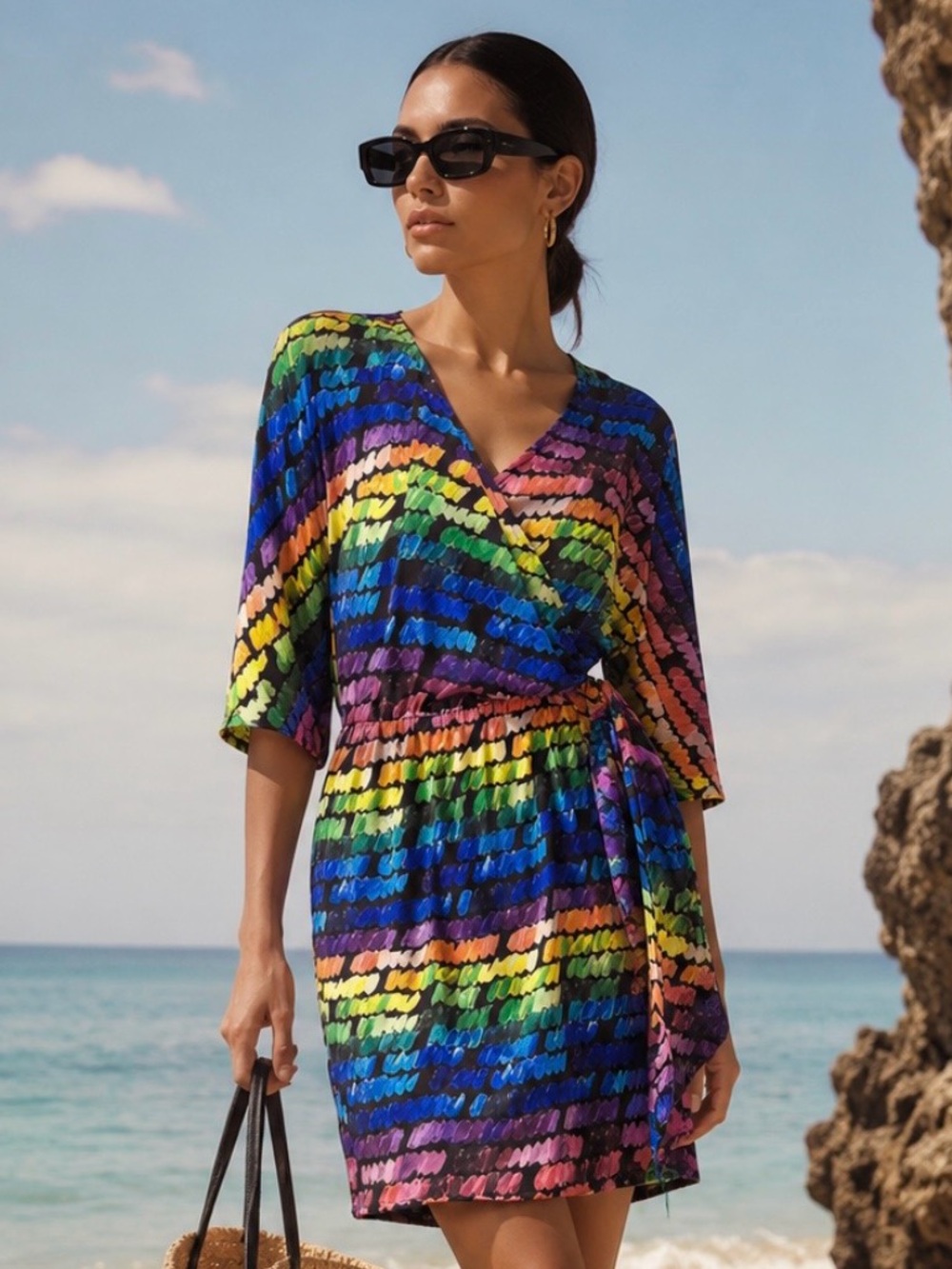 AQUA Rainbow Multicolor Tropical Vacation Wrap Dress Size Small